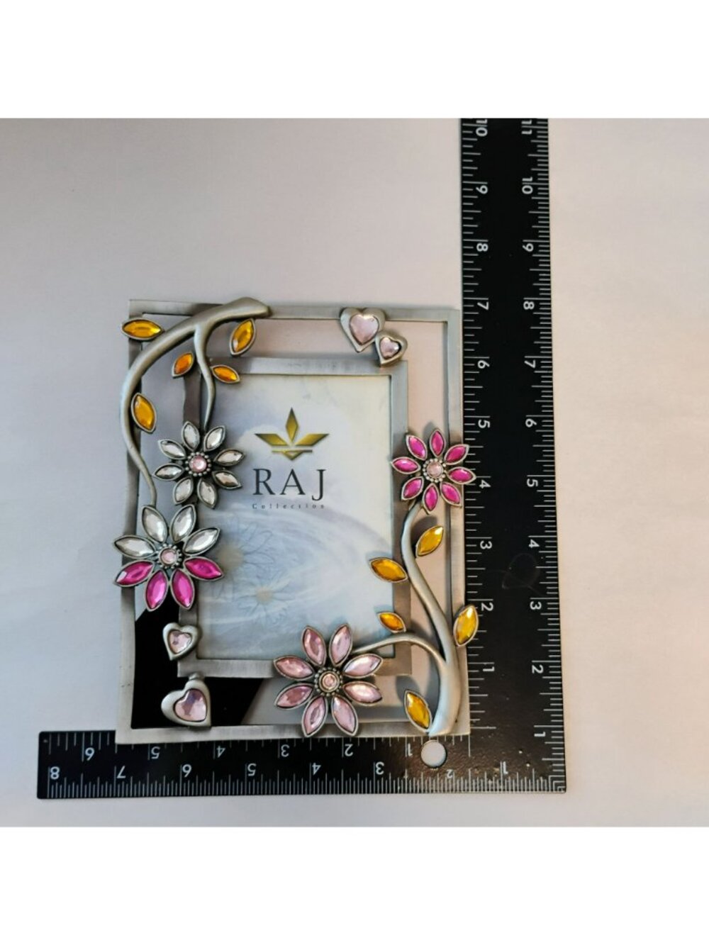 Silver Pewter Picture Frame With Rhinestone Floral Heart Accents 7x5 Raj Collect - Picture 3 of 5
